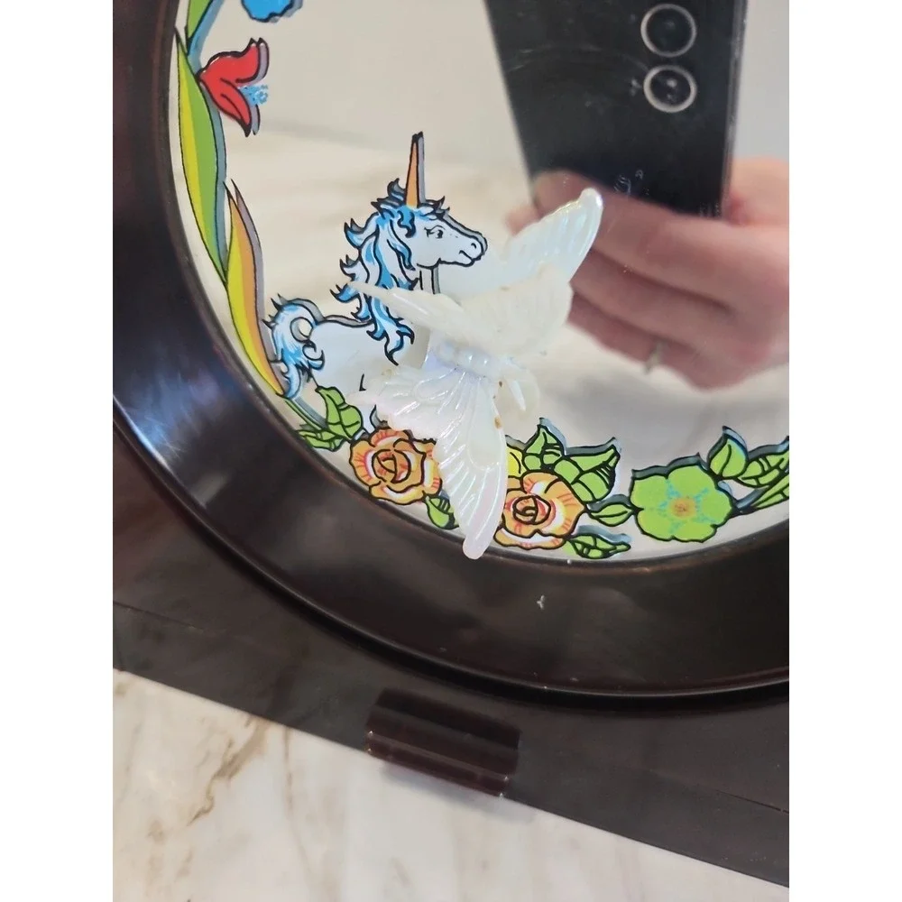 Vtg 70s Yaps Floral Unicorn Vanity Mirror Music Box w/ Drawer Moving Butterfly